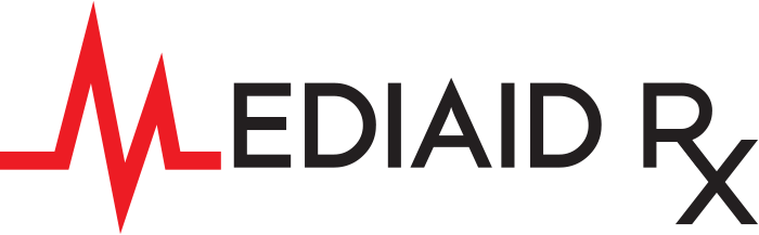 Logo of Mediaid Rx with a red heartbeat line on a white background