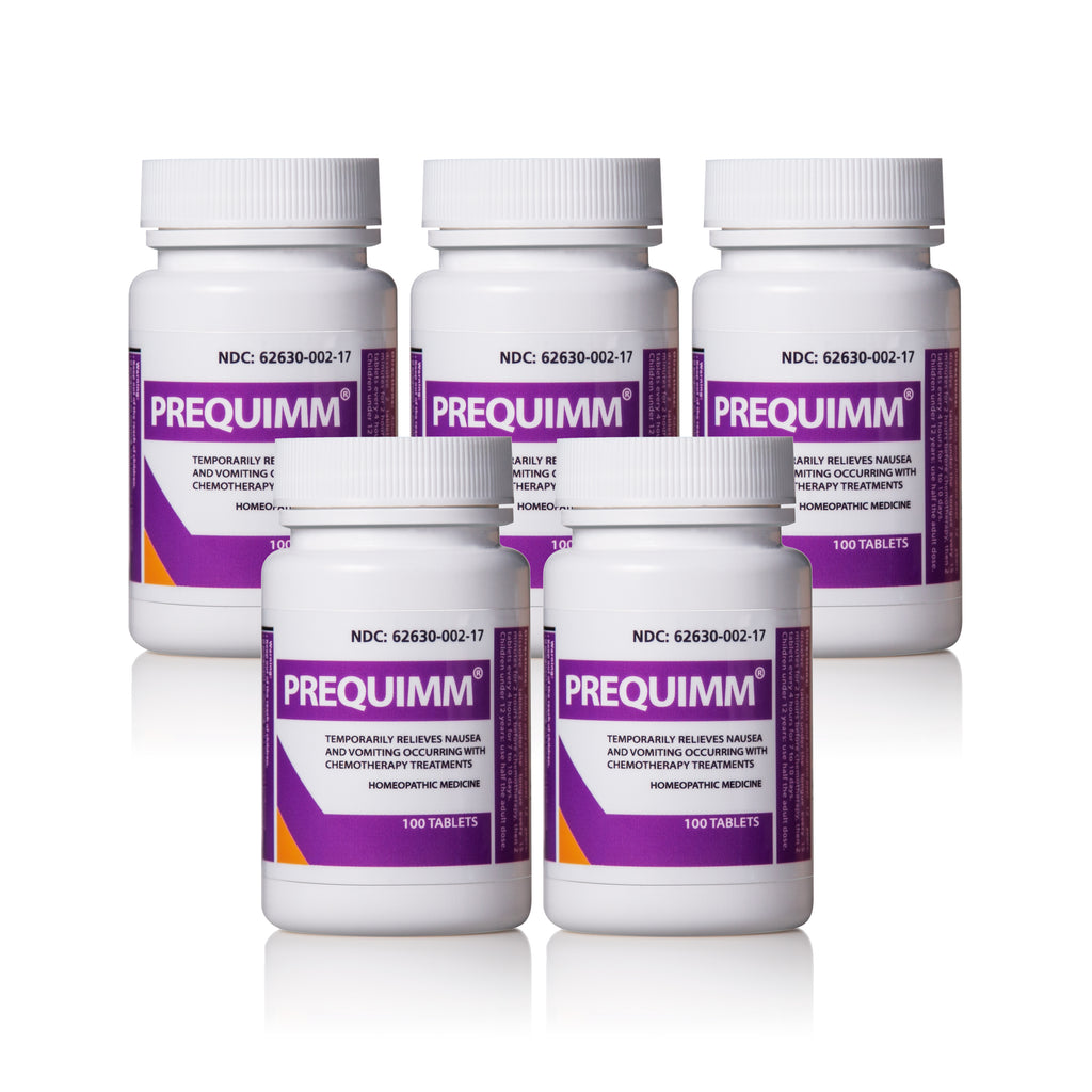 Five bottles of Prequimm on a white background