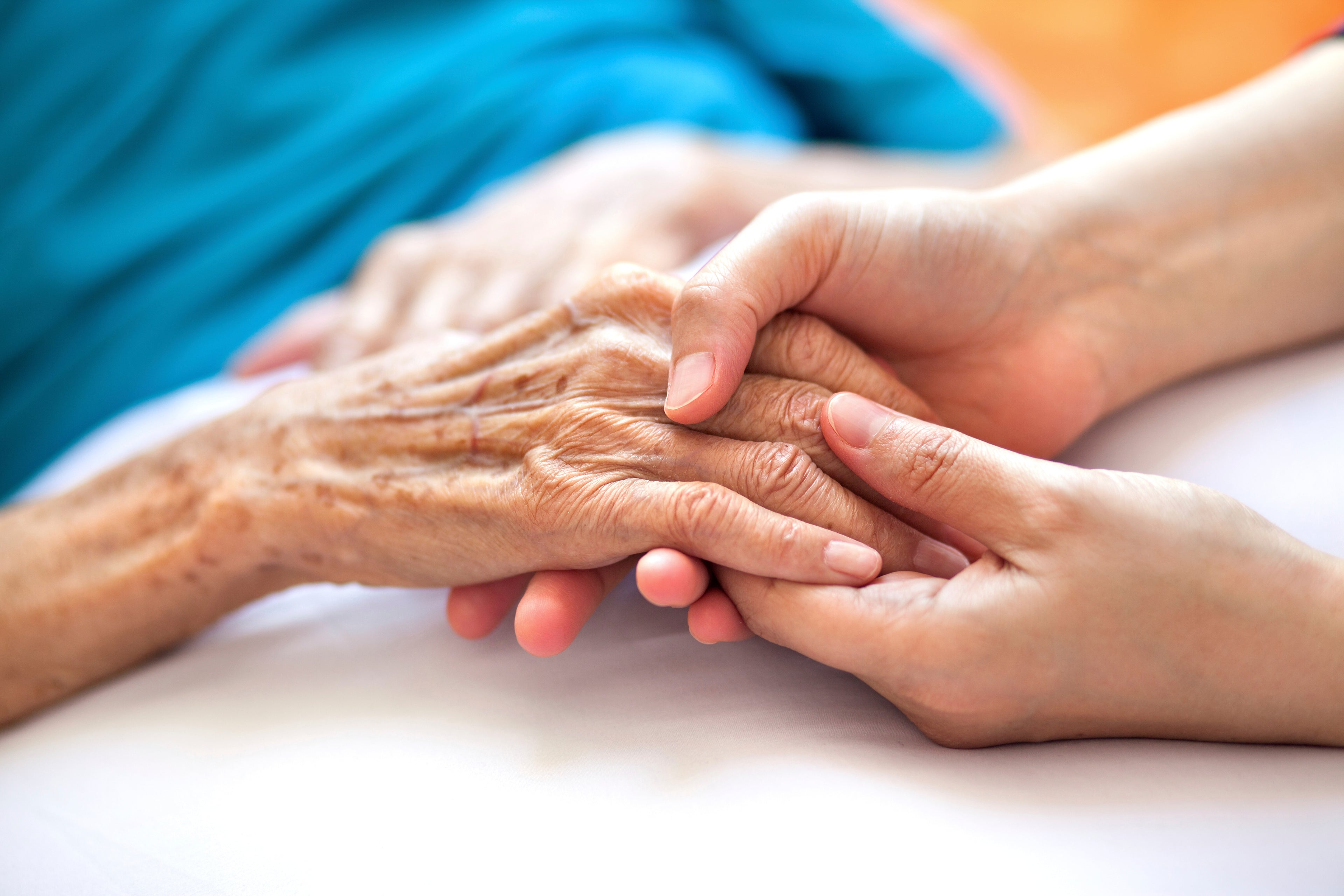 Close-up of a young hand holding an elderly hand, symbolizing care and support.